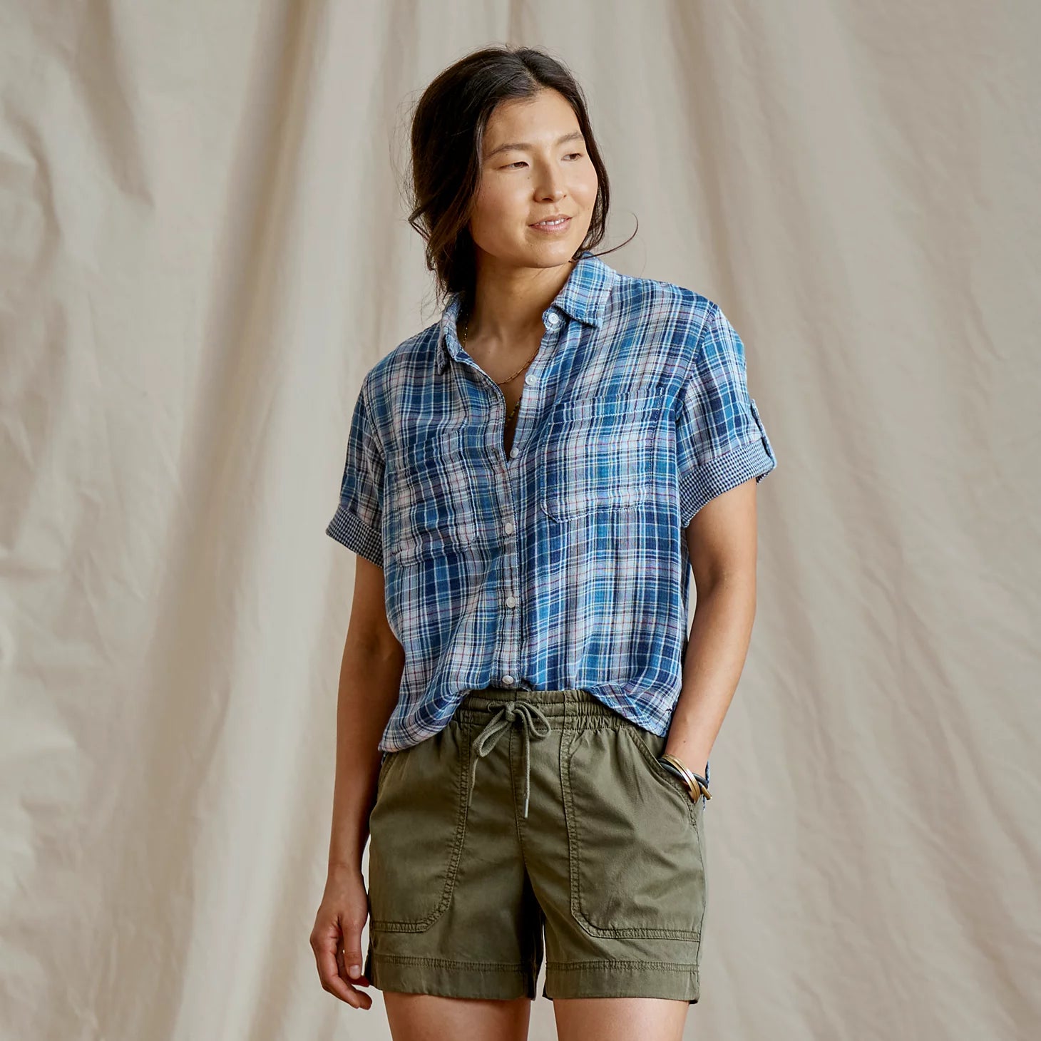 Plaid Gauze Short-Sleeve Camp Shirt
